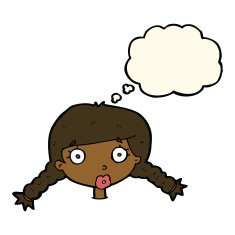 cartoon confused female face with thought bubble N7