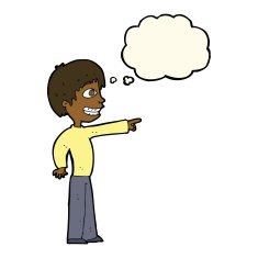 cartoon grinning boy pointing with thought bubble N6