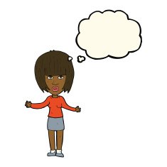 cartoon woman shrugging shoulders with thought bubble N338