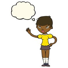 cartoon woman waving with thought bubble N255