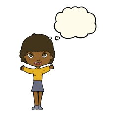 cartoon woman waving with thought bubble N257