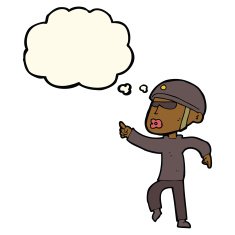 cartoon man in bike helmet pointing with thought bubble N7
