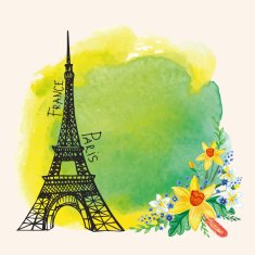 Paris card Eiffel tower Watercolor Narcissus bouquet stain