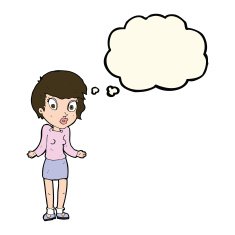 cartoon woman shrugging shoulders with thought bubble N339