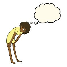 cartoon woman looking at her feet with thought bubble N7