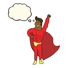cartoon superhero with thought bubble N16