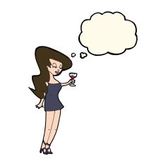 cartoon woman at party with thought bubble N13