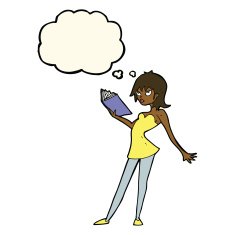 cartoon woman reading book with thought bubble N7