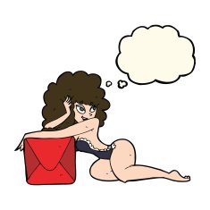 cartoon pin up woman with box thought bubble N7