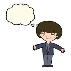 cartoon smug boy with thought bubble N8