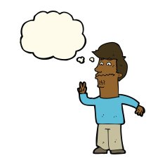 cartoon man giving peace sign with thought bubble N35