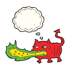 cartoon fire breathing imp with thought bubble N7