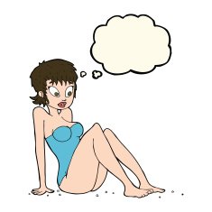 cartoon woman in swimsuit with thought bubble N7