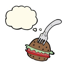cartoon fork and burger with thought bubble N4