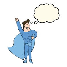 cartoon superhero with thought bubble N17