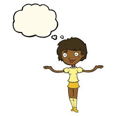 cartoon woman spreading arms with thought bubble N7