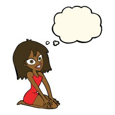 cartoon happy woman in dress with thought bubble N18