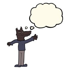 cartoon waving wolf with thought bubble N9