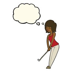 cartoon woman playing golf with thought bubble N15