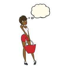 cartoon attractive woman shopping with thought bubble N7