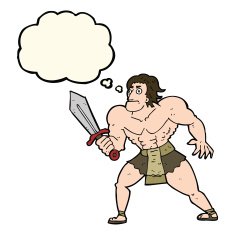 cartoon fantasy hero man with thought bubble N7