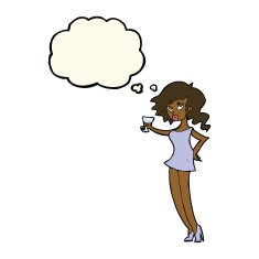 cartoon woman at party with thought bubble N14
