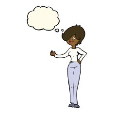 cartoon woman waving with thought bubble N260