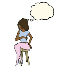 cartoon woman sitting on bar stool with thought bubble N14