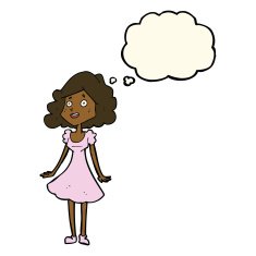 cartoon happy woman in dress with thought bubble N19
