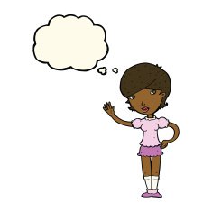 cartoon girl waving with thought bubble N22