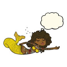 cartoon mermaid covered in tattoos with thought bubble N6