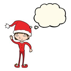 cartoon waving christmas elf with thought bubble N8