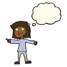 cartoon happy woman pointing with thought bubble N48