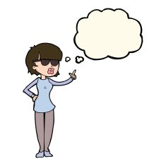 cartoon woman wearing spectacles with thought bubble N32