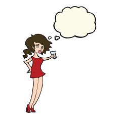 cartoon woman at party with thought bubble N15