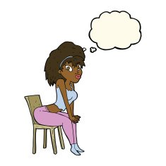 cartoon woman posing on chair with thought bubble N14