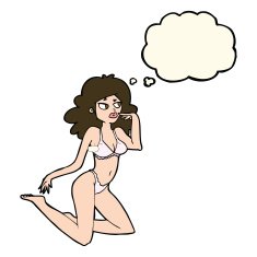 cartoon woman in underwear looking thoughtful with thought bubbl N8