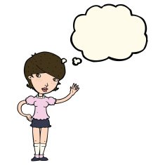 cartoon girl waving with thought bubble N23
