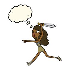 cartoon girl with sword thought bubble N4