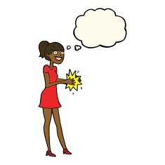 cartoon woman clapping hands with thought bubble N6