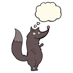 cartoon waving wolf with thought bubble N10
