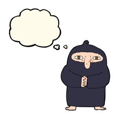 cartoon monk in robe with thought bubble N8