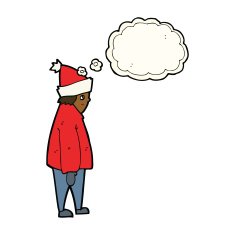 cartoon person in winter clothes with thought bubble N7