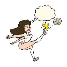 cartoon female soccer player kicking ball with thought bubble N8