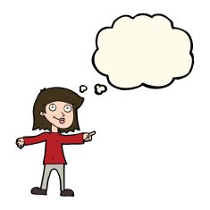 cartoon happy woman pointing with thought bubble N49