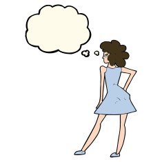 cartoon woman posing in dress with thought bubble N23