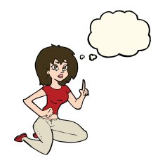 cartoon sitting woman with idea thought bubble N8
