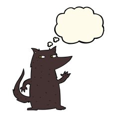 cartoon wolf waving with thought bubble N2