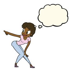 cartoon pretty woman pointing with thought bubble N29