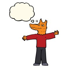 cartoon happy fox man with thought bubble N17